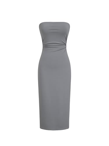 Womens Summer Tube Dress Double Layer Bodycon Ruched Backless Casual Club Party Midi Dresses