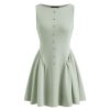 Womens Sleeveless Casual Boat Neck Party Dress Button Front A Line Dresses