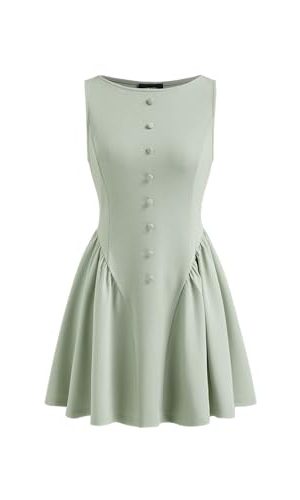 Womens Sleeveless Casual Boat Neck Party Dress Button Front A Line Dresses