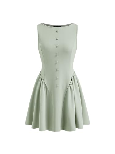 Womens Sleeveless Casual Boat Neck Party Dress Button Front A Line Dresses
