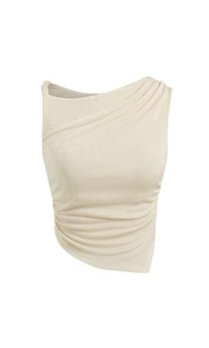 Tank Tops for Women Asymmetrical Neck Sleeveless Ruched Knit High Stretch Fit Trendy Tops