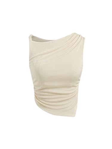 Tank Tops for Women Asymmetrical Neck Sleeveless Ruched Knit High Stretch Fit Trendy Tops