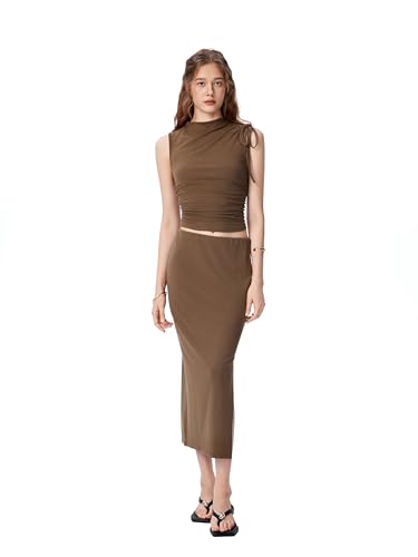 Women's Sleeveless Tie Shoulder Tank Top & Midi Skirt Elegant Set