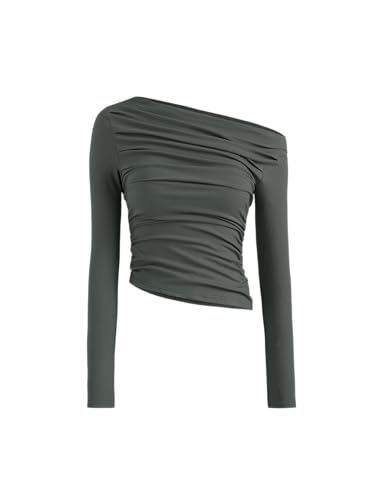 Women's Asymmetrical Top Off The Shouler Long Sleeve Shirts Ruched Going Out Crop Tops