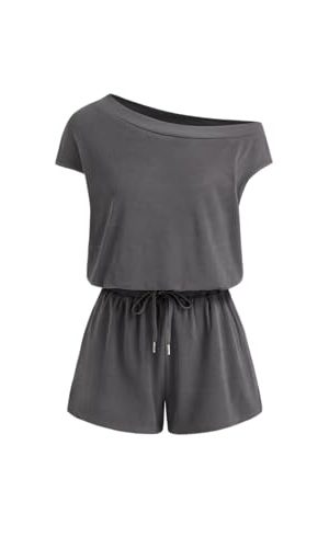 Rompers for Women One Shoulder Drawstring Short Sleeve Asymmetrical Romper Casual Knit Jumpsuit Lounge Sets