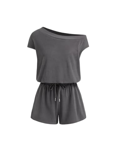 Rompers for Women One Shoulder Drawstring Short Sleeve Asymmetrical Romper Casual Knit Jumpsuit Lounge Sets
