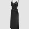 Womens Satin Dress Sleeveless Spaghetti Strap V Neck Ruched Side Slit Semi Formal Party Club Dresses