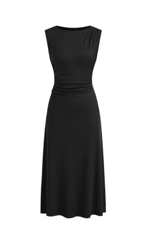 Womens Summer Dresses Sleeveless Semi Formal Midi Dress Boat Neck Ruched A Line Split Elegant Dress