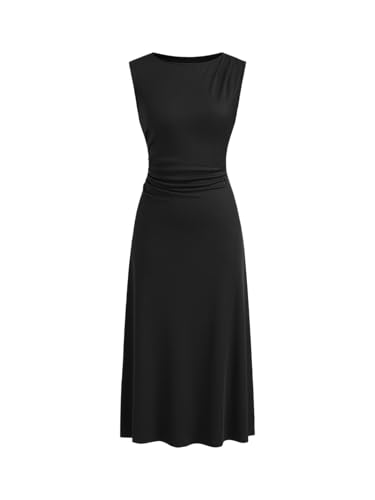 Womens Summer Dresses Sleeveless Semi Formal Midi Dress Boat Neck Ruched A Line Split Elegant Dress