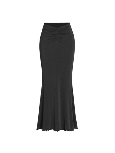 High Waist Skirts for Women Mermaid Skirt Fishtail Ruched Bodycon Long Maxi Skirt Lettuce Trim Stretchy