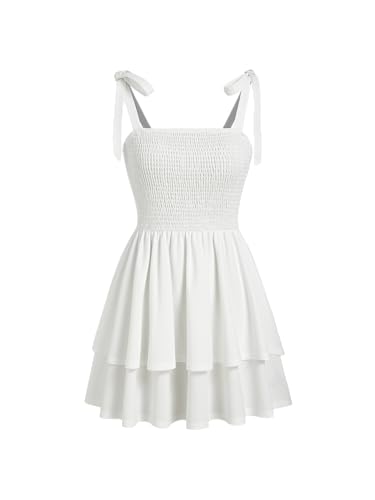 Women Summer Short Mini Dress Tie Strap Smocked Tiered Square Neck Sleeveless Sundress