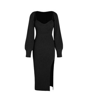 2 Piece Sweater Dresses for Women Winter Slit Long Sleeve Womens Midi Dress Pullover Bodycon Wedding Guest Outfits
