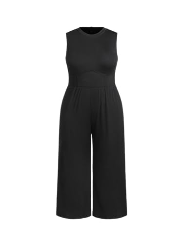 Plus Size Jumpsuits For Curvy Women Crew Neck Sleeveless Elegant Wide Leg Jumpsuits Dressy Casual Summer Outfits