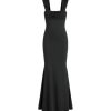 Solid Ruched U-Neckline Ruffle Maxi Dress
