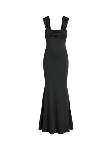 Solid Ruched U-Neckline Ruffle Maxi Dress