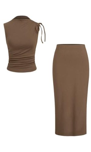 Women's Sleeveless Tie Shoulder Tank Top & Midi Skirt Elegant Set