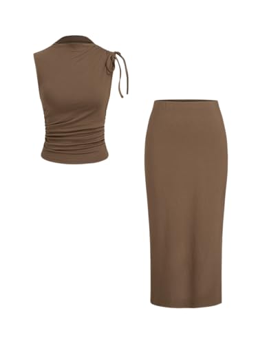 Women's Sleeveless Tie Shoulder Tank Top & Midi Skirt Elegant Set