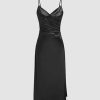 Womens Satin Dress Sleeveless Spaghetti Strap V Neck Ruched Side Slit Semi Formal Party Club Dresses