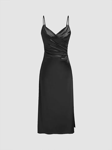 Womens Satin Dress Sleeveless Spaghetti Strap V Neck Ruched Side Slit Semi Formal Party Club Dresses