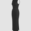 Women Summer Sleeveless Maxi Dresses Ruched Bodycon Long Wedding Guest Dress Cocktail Evening Gown