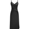 Womens Satin Dress Sleeveless Spaghetti Strap V Neck Ruched Side Slit Semi Formal Party Club Dresses
