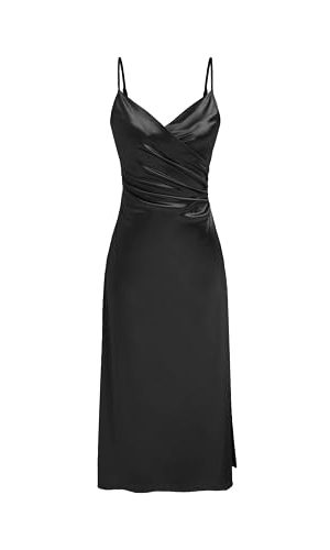 Womens Satin Dress Sleeveless Spaghetti Strap V Neck Ruched Side Slit Semi Formal Party Club Dresses