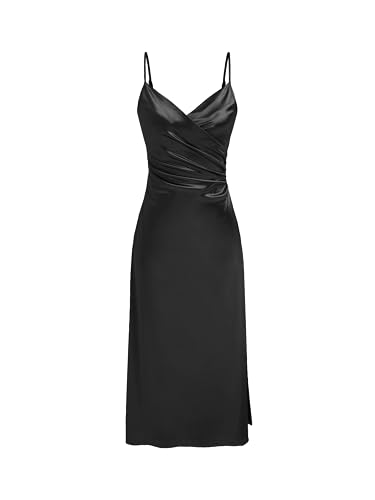 Womens Satin Dress Sleeveless Spaghetti Strap V Neck Ruched Side Slit Semi Formal Party Club Dresses