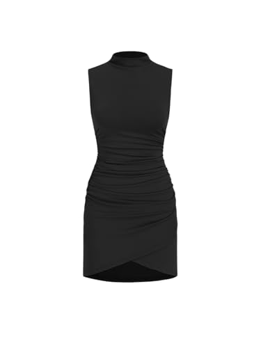 Women's Summer Mini Dress Cocktail Dress Mock Neck Sleeveless Ruched Short Dresses Trendy 2025
