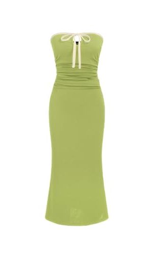 Strapless Tude Bodycon Midi Dress Ruched Tie Knotted Cocktail Party Summer Dresses