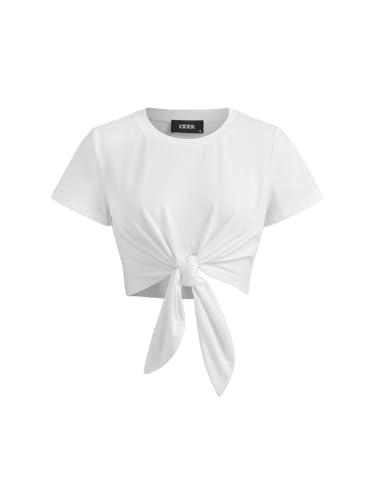 Round Neck Knotted Crop Top Y2K for Women Knot Front Casual Short Sleeve