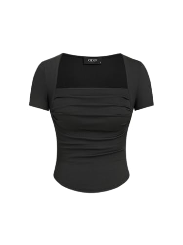 Going Out Tops Square Neck Ruched Short Sleeve Slim Fit Tee Shirt Basic Casual Tops for Women