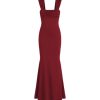 Solid Ruched U-Neckline Ruffle Maxi Dress