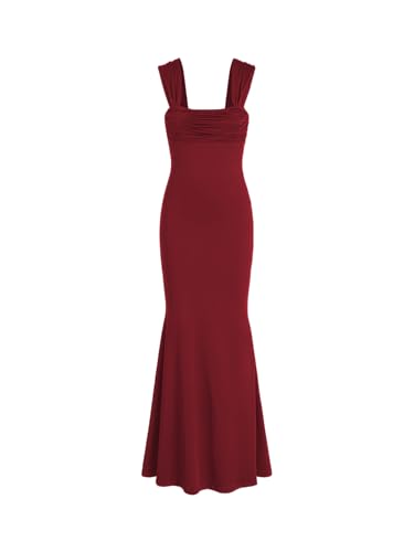 Solid Ruched U-Neckline Ruffle Maxi Dress