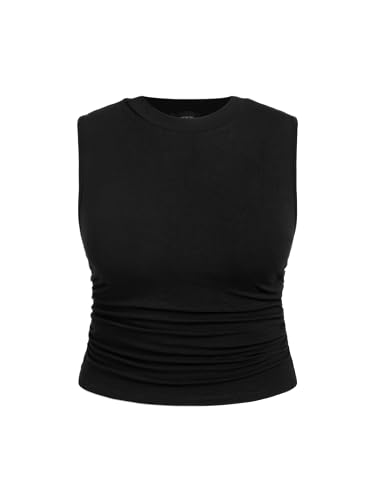 Plus Size Tops for Women Sleeveless Ruched Crew Neck Crop Tank Top Summer Casual Outfits
