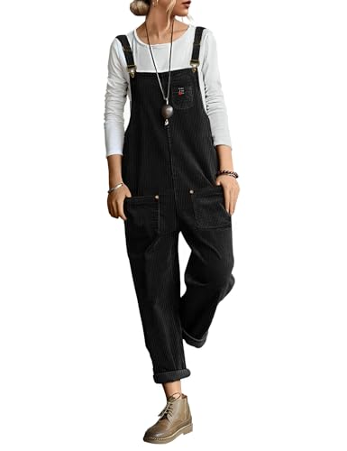 Women's Corduroy Casual Bib Overalls Loose Tapered Jumpsuits Adjustable Straps Rompers Fall Outfit with Pockets PC9