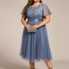 Women's Embroidered Tulle A Line Cocktail Dresses Short Sleeves Midi Plus Size Semi Formal Gowns