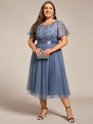 Women's Embroidered Tulle A Line Cocktail Dresses Short Sleeves Midi Plus Size Semi Formal Gowns