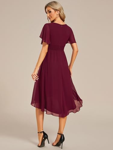 Women's Chiffon Crew Neck Pleated Waist Short Sleeve Wedding Guest Dress 02053