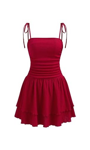 Women's Summer Mini Cocktail Dress Strap Ruched Square Neck Layered Sleeveless A Line Short Dress Trendy