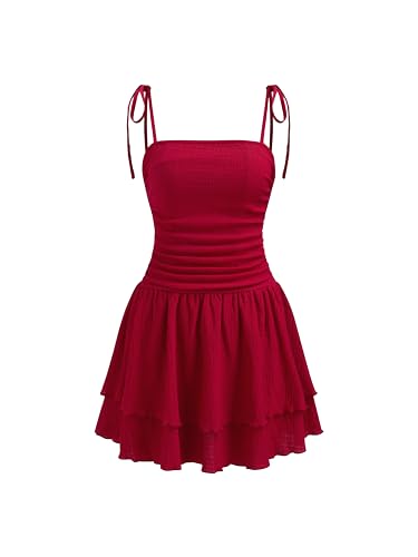 Women's Summer Mini Cocktail Dress Strap Ruched Square Neck Layered Sleeveless A Line Short Dress Trendy