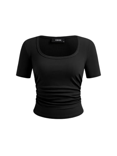Crop Tops for Women Square Neck Short Sleeve Ruched Fitted Tee Casual Basic Summer Going Out Tops