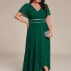 Women's V-Neck Chiffon Beading Short Ruffles Sleeves Maxi Plus Size Formal Evening Dresses