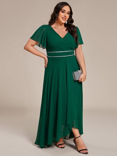 Women's V-Neck Chiffon Beading Short Ruffles Sleeves Maxi Plus Size Formal Evening Dresses