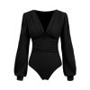 Long Sleeve Body Suits Womens V Neck Bodysuits Ruched Pleated Corset Bodysuit Leotard Trendy