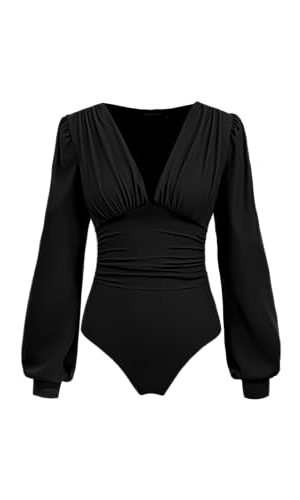 Long Sleeve Body Suits Womens V Neck Bodysuits Ruched Pleated Corset Bodysuit Leotard Trendy
