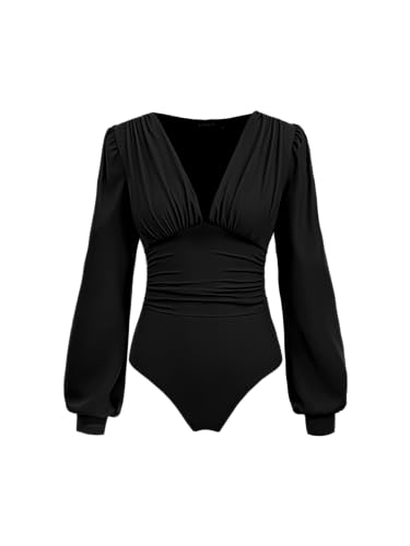 Long Sleeve Body Suits Womens V Neck Bodysuits Ruched Pleated Corset Bodysuit Leotard Trendy