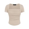 Going Out Tops Square Neck Ruched Short Sleeve Slim Fit Tee Shirt Basic Casual Tops for Women
