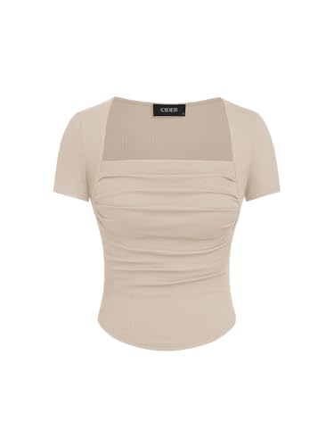 Going Out Tops Square Neck Ruched Short Sleeve Slim Fit Tee Shirt Basic Casual Tops for Women