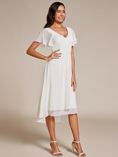 Women's V Neck Ruffle Sleeves Irregular Chiffon A-Line Midi Wedding Guest Dresses 01756