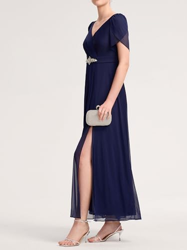 Women's Cap Sleeves Mother of The Bride Dresses Rhinestone Chiffon Maxi Formal Evening Dresses 02400